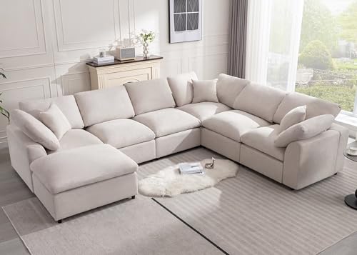 Cream Modular Sectional Sofa with Ottoman 7 Seater L-Shaped X8467