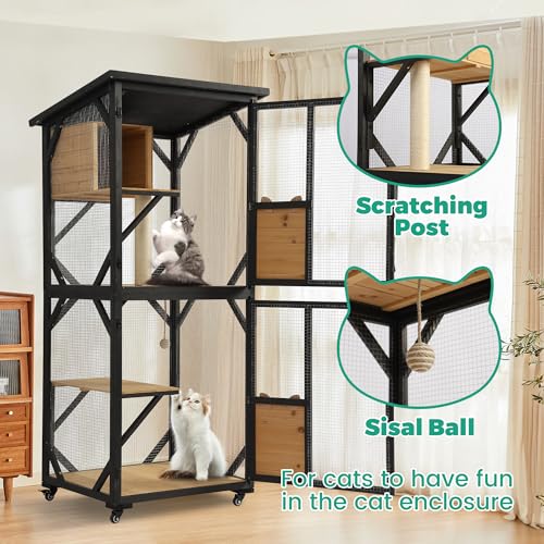 71" 4 Tiers Wooden Cat Enclosure with Wheels and Waterproof Roof (Black) I9114