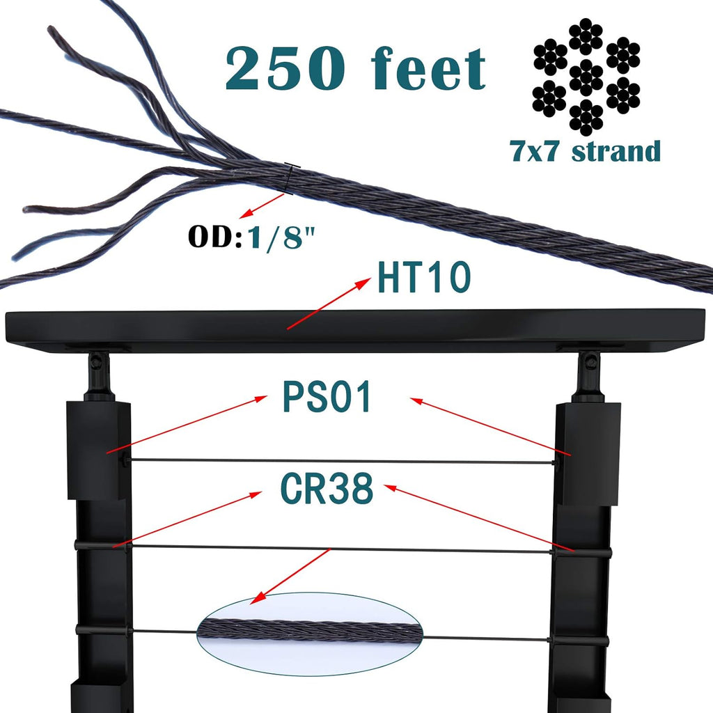 250ft 1/8 Black Wire Rope T316 Stainless Steel Marine Grade 7x7 Strand E234461