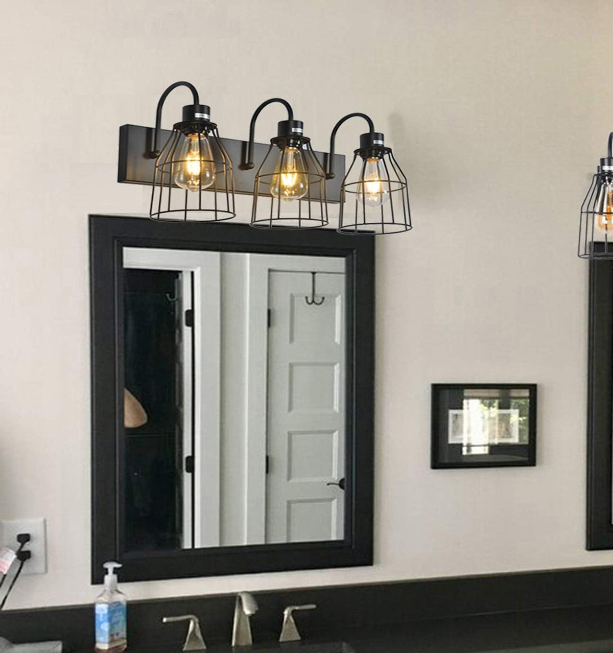 Black 3 Lights Metal Cage Bathroom Vanity Light W7084