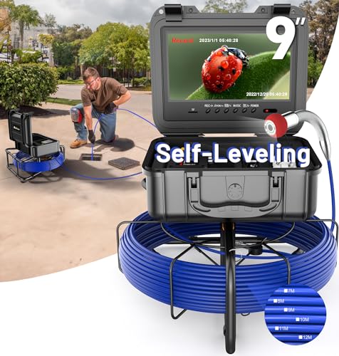 Self-Leveling Sewer Camera 100FT, 9" HD Screen Pipe Borescope Drain Inspection with 12pcs LED Light, DVR Recorder with 32GB Card, IP68 Waterproof Plumbing Cam, 7mm Cable with Depth Marker Q75765