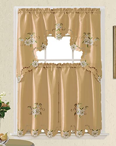 Bronze Faux Silk Kitchen Curtain Set with Cutwork Floral C584