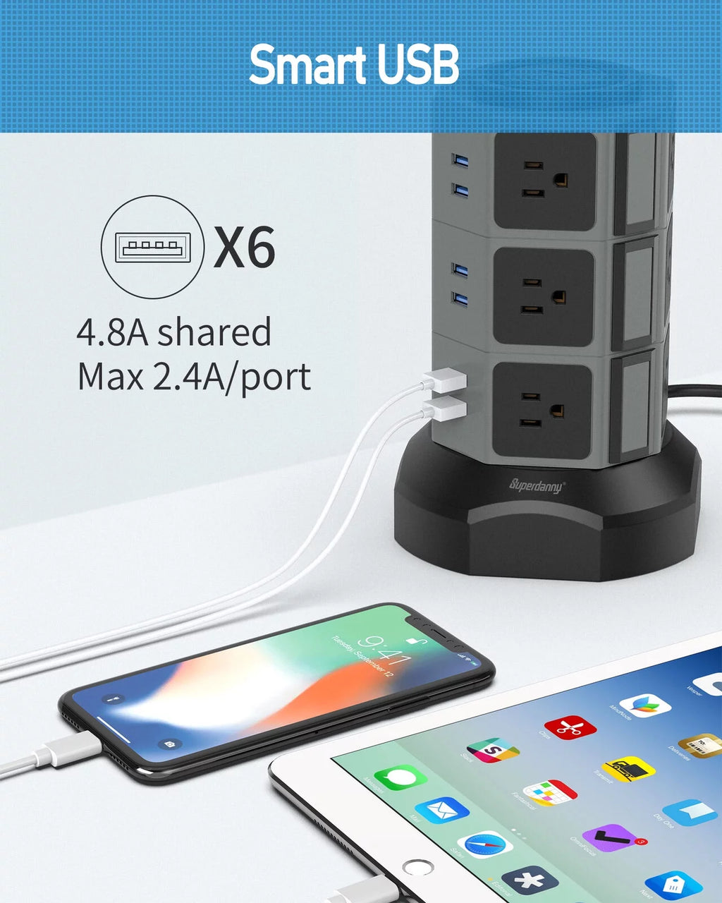 12 AC Outlet 6.5FT Surge Protector Power Strip Tower with USB Ports Z315148