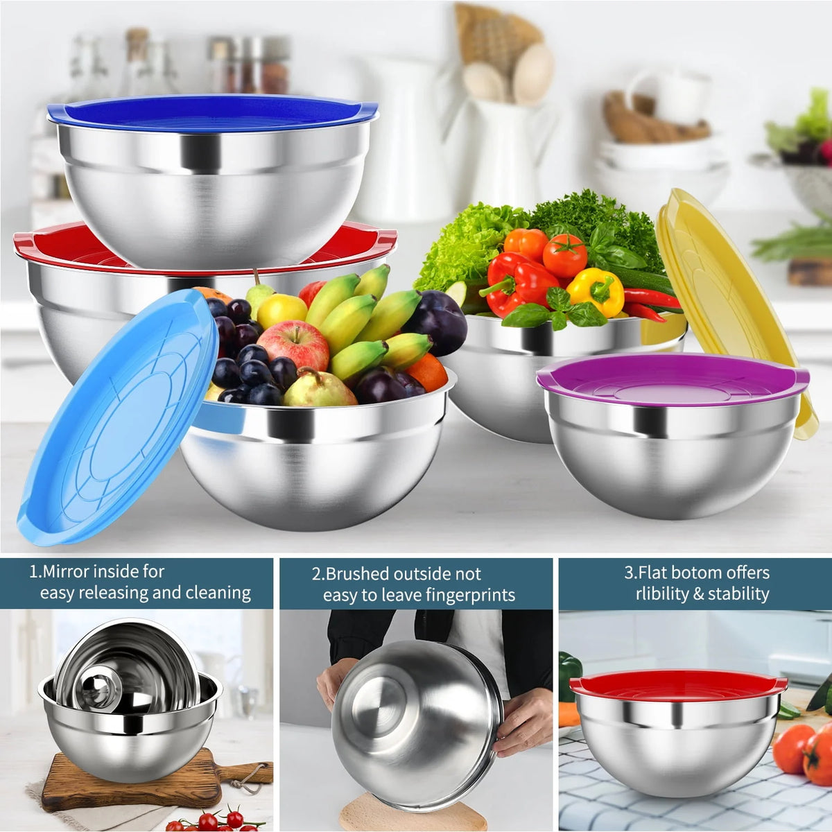 Stainless Steel Mixing Bowls Set with Lids 7 Pc M303374