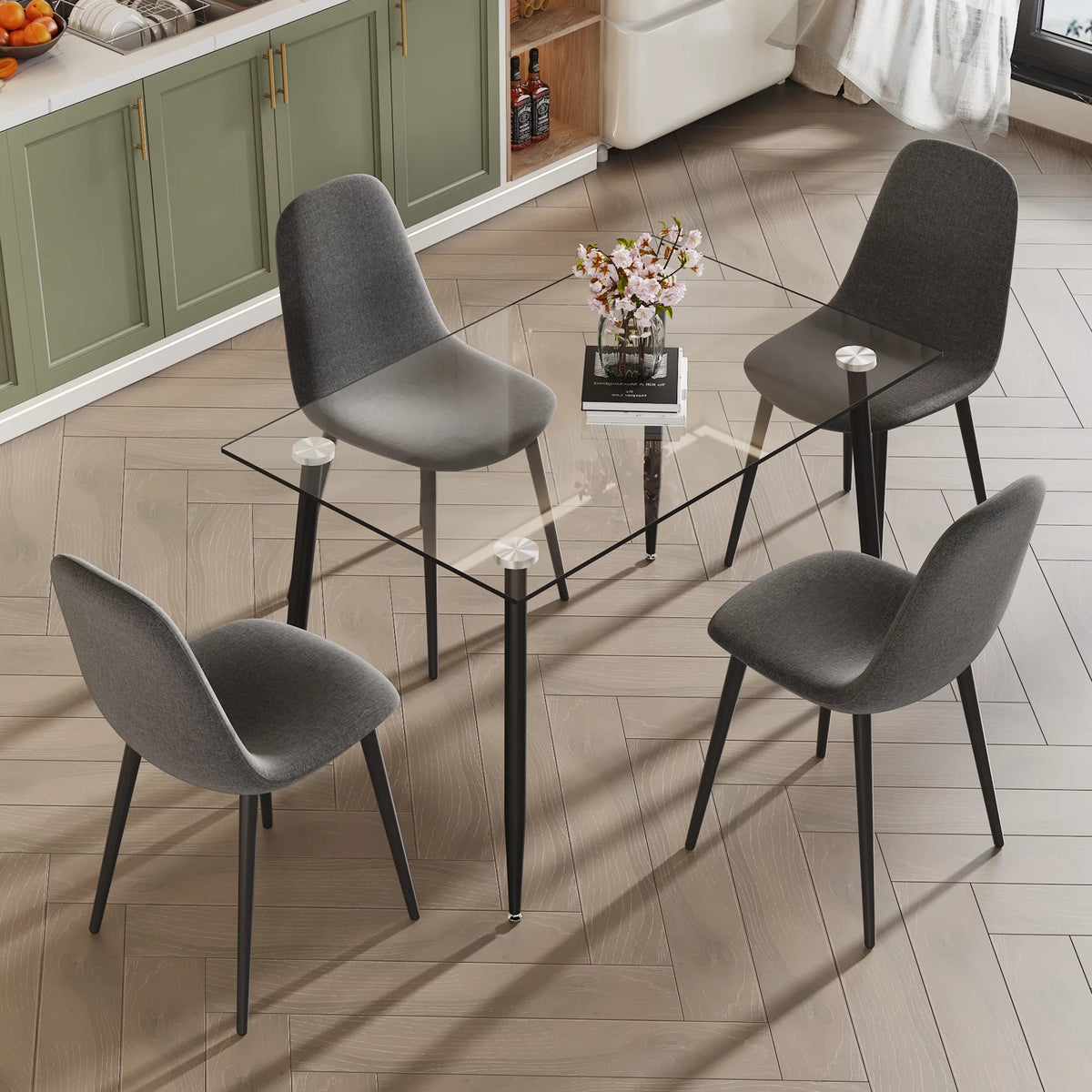 5 Piece Glass Top Dining Table Set with 4 Linen Chairs W53162