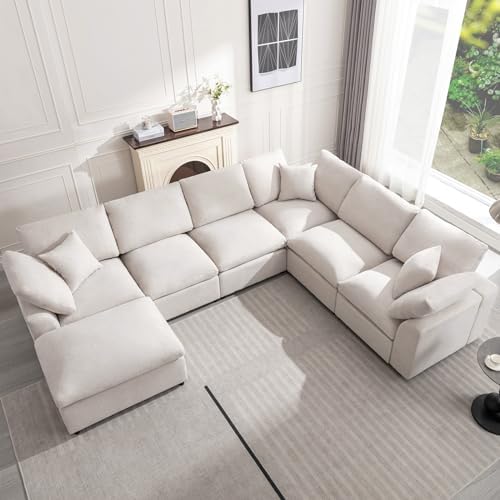 Cream Modular Sectional Sofa with Ottoman 7 Seater L-Shaped X8467