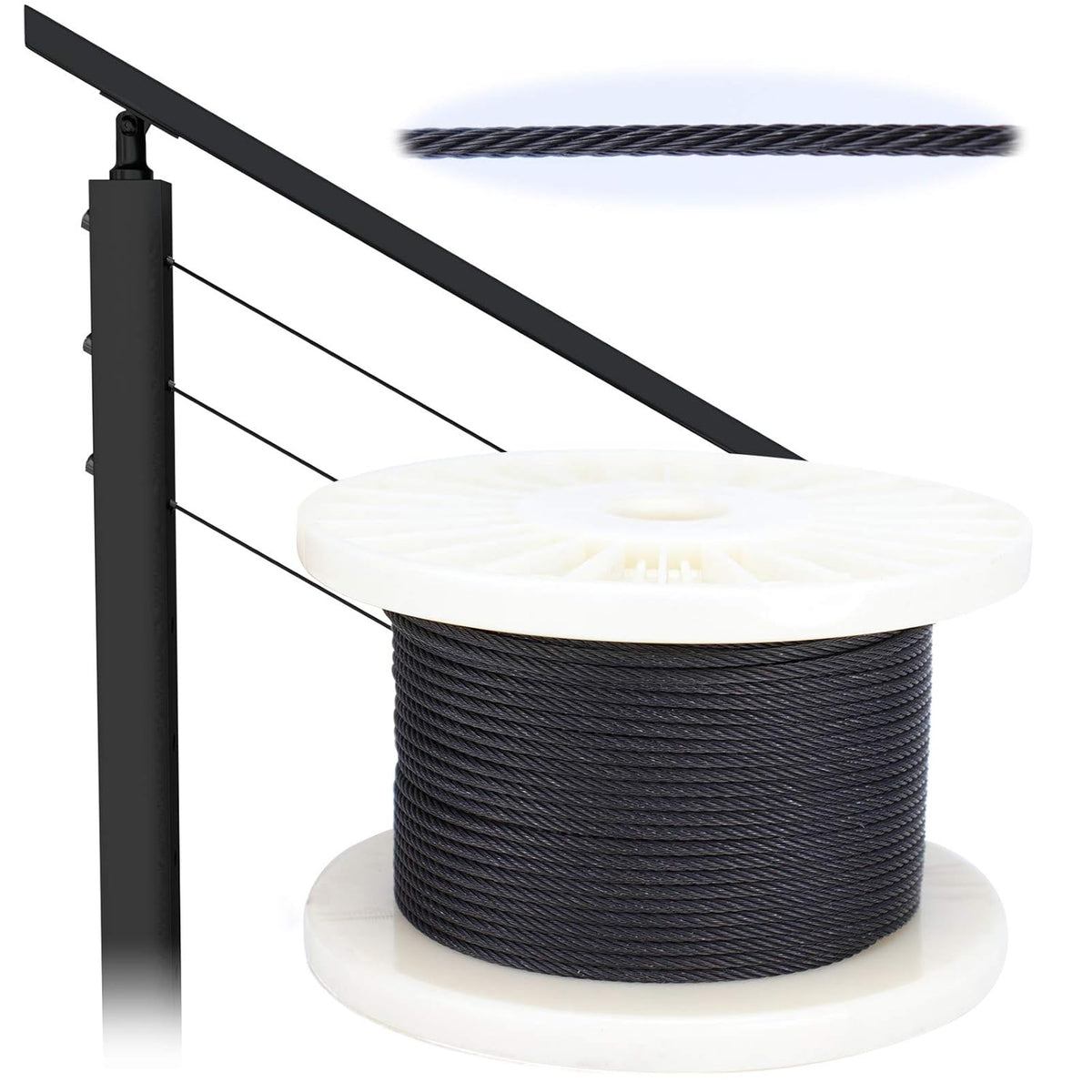 250ft 1/8 Black Wire Rope T316 Stainless Steel Marine Grade 7x7 Strand E234461