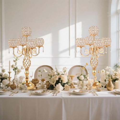 5-Arm Crystal Candelabra Candle Holder Stand with Crystal Bowl A529