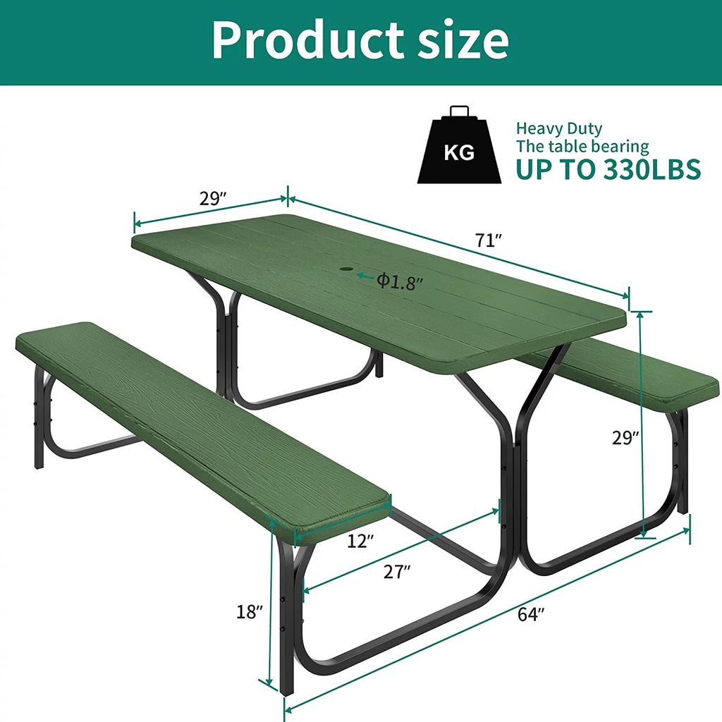 6ft Heavy Duty Outdoor Picnic Table and Bench Green D3423