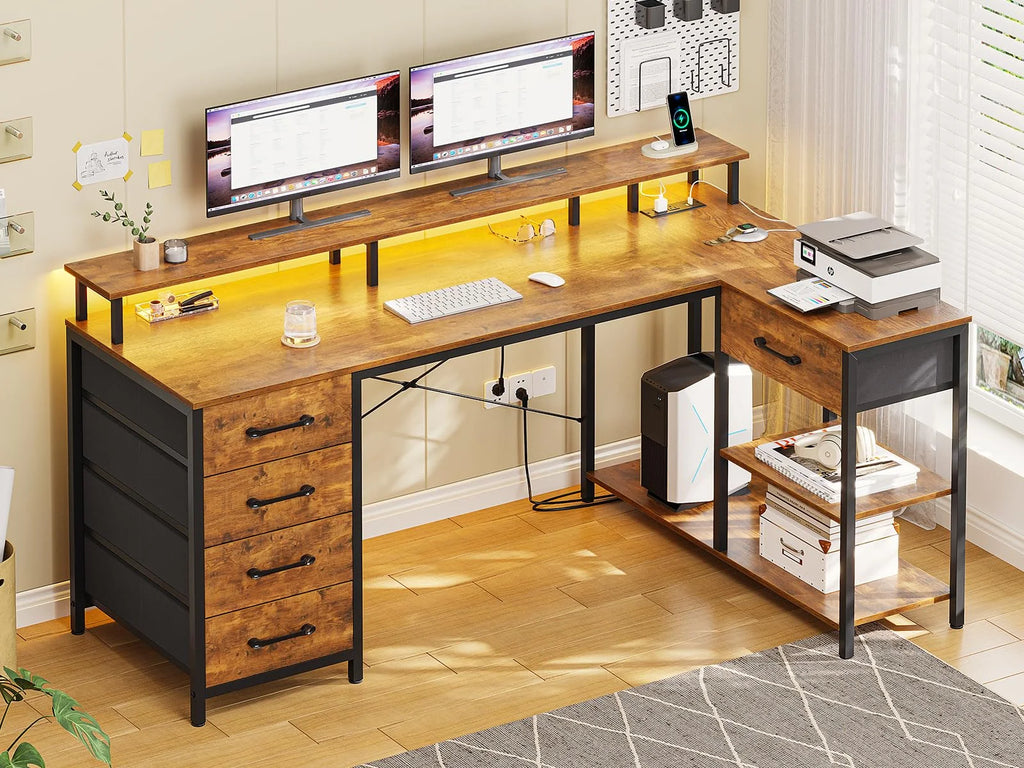 L Shaped Desk with LED Lights and Power Outlets H54234