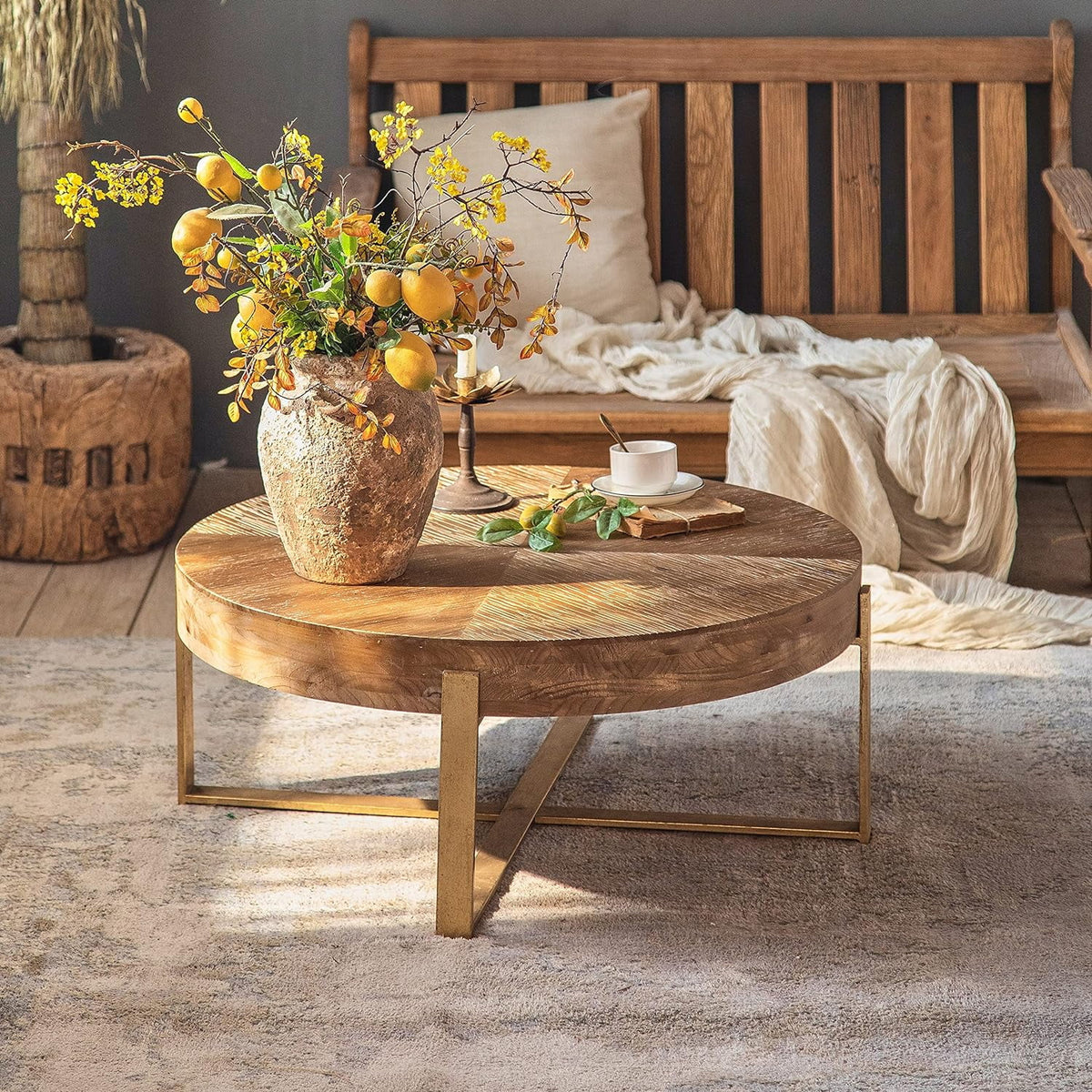 Round Wood Coffee Table with Gold Metal Legs Z869090