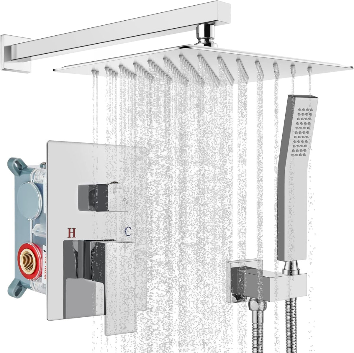 Matte Black 10 inch Square Shower Head Hand Held Shower Complete Combo Set Wall Mounted B6066