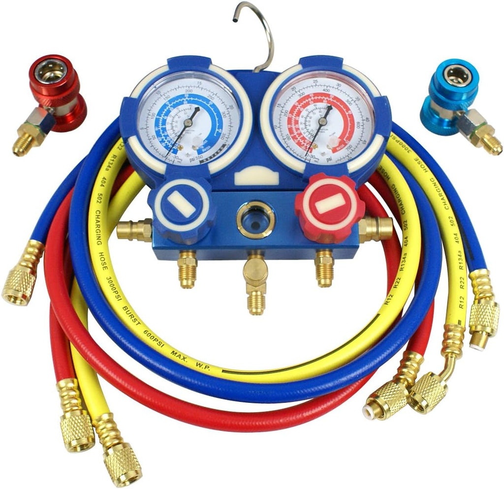 A/C Manifold Gauge Set R134a Refrigeration Kit Brass 4FT w/Case, 1/4 SAE Fittings G335