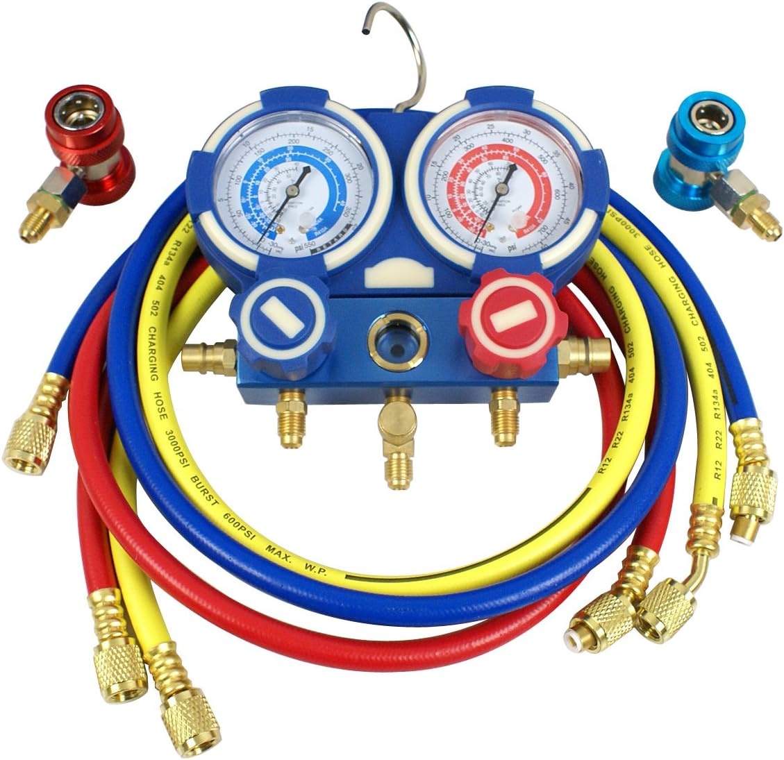 A/C Manifold Gauge Set R134a Refrigeration Kit Brass 4FT w/Case, 1/4 SAE Fittings G335