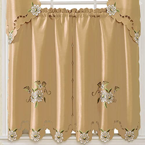 Bronze Faux Silk Kitchen Curtain Set with Cutwork Floral C584