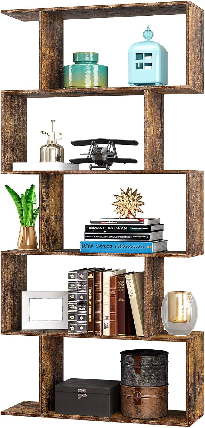 5-Tier S-Shaped Rustic Brown Wood Bookcase L872845