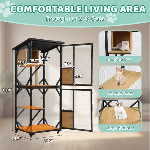 71" 4 Tiers Wooden Cat Enclosure with Wheels and Waterproof Roof (Black) I9114