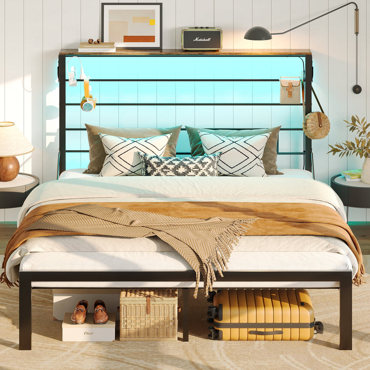 Queen Size Black Metal Platform Bed Frame with Storage Headboard R91862