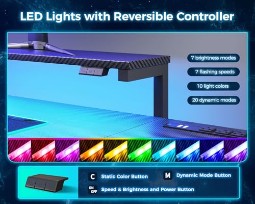 Black L Shaped Gaming Desk with Power Outlet, Height Adjustable Monitor Stand, LED Lights V47139