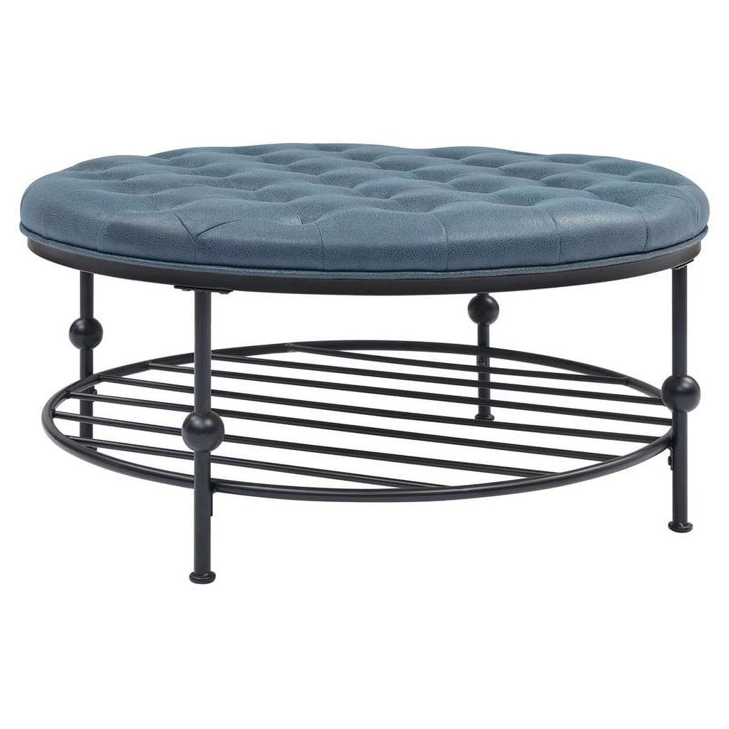 36" Round Faux Leather Tufted Cocktail Ottoman in Blue X905739