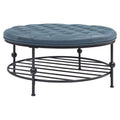 36" Round Faux Leather Tufted Cocktail Ottoman in Blue X905739