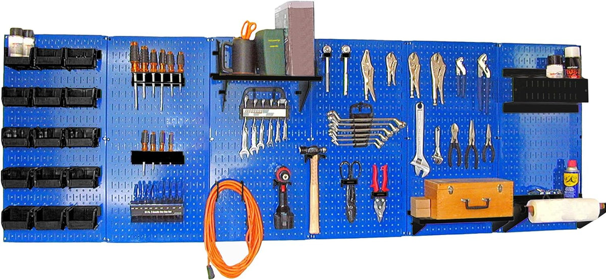 8 ft Wall Pegboard Organizer Kit with Blue Toolboard and Black Hooks P9734