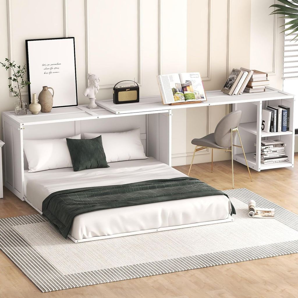 White Queen Size Murphy Bed with Storage Drawers R39171
