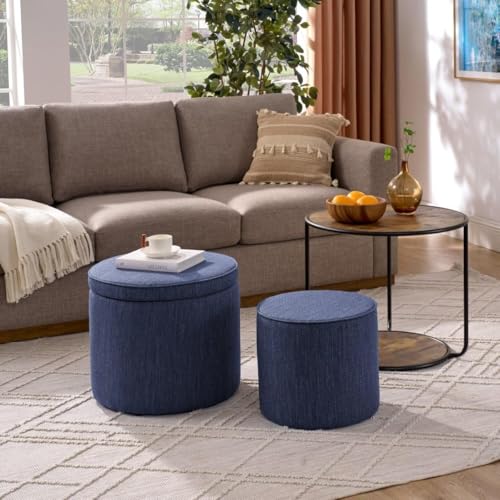 2 Pcs Linen Upholstered Storage Ottoman and Coffee Table Set X24932