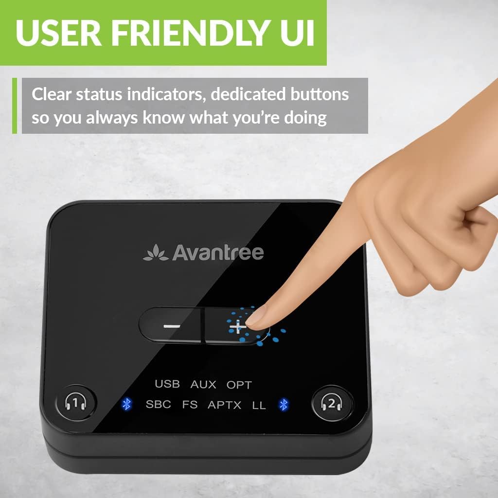 Bluetooth 5.0 Transmitter for TV with Volume Control, aptX Low Latency Audio Adapter for 2 Headphones, Class 1 Long Range 100ft, Pack of 2 A320