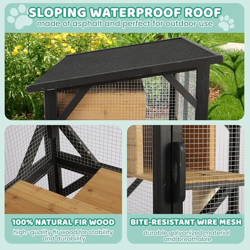 71" 4 Tiers Wooden Cat Enclosure with Wheels and Waterproof Roof (Black) I9114