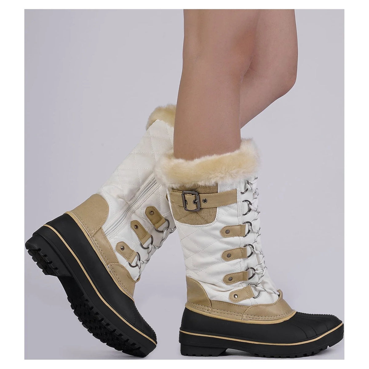 BEIGE/WHITE Waterproof Faux Fur Lined Mid Calf Snow Boots T921975