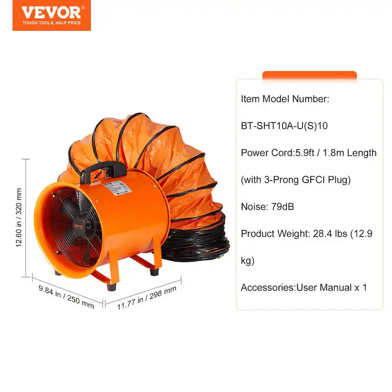 10 in. Heavy-Duty Portable Blower Fan with Duct Hose E2287