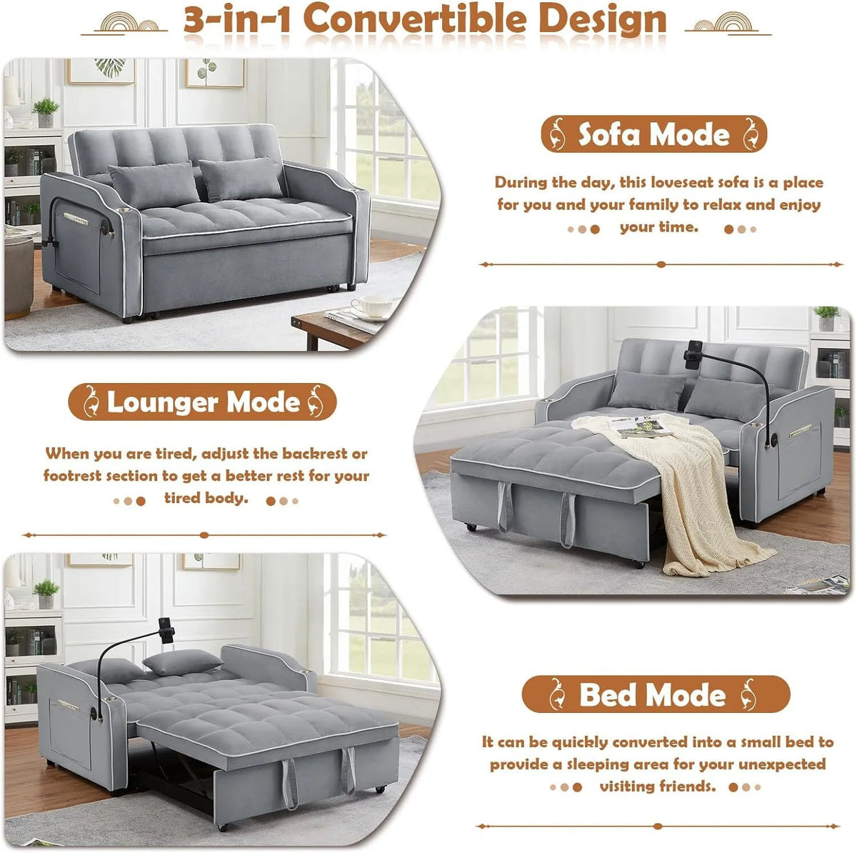 55" Tufted Velvet Convertible Sofa Bed L9422