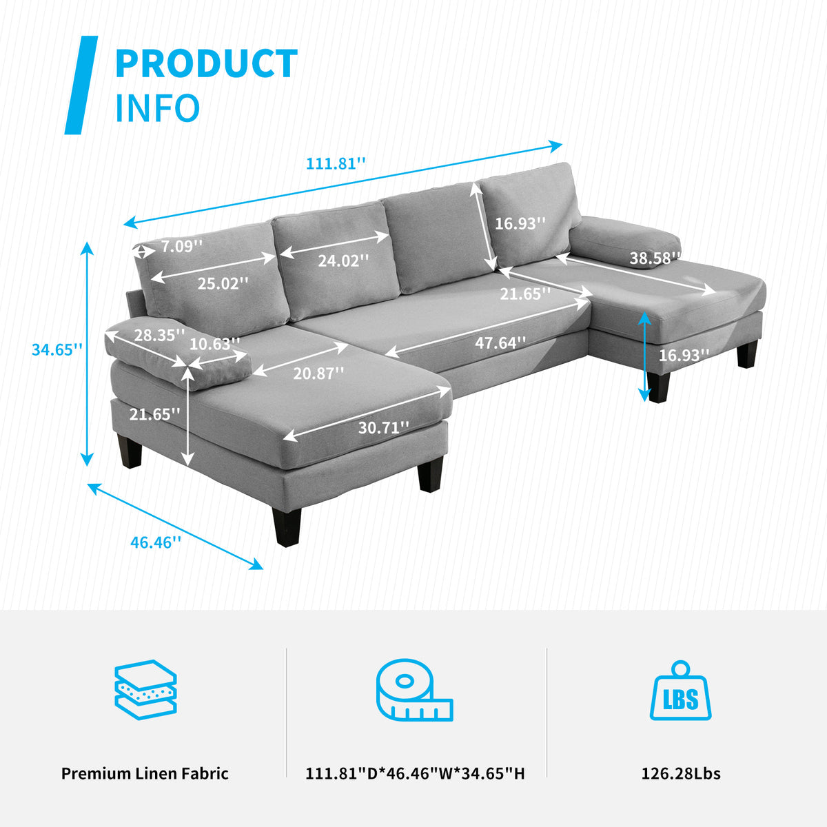 Light Gray 4 Seats Linen Fabric U-Shaped Sectional Sofa with Double Comfy Chaise N7342