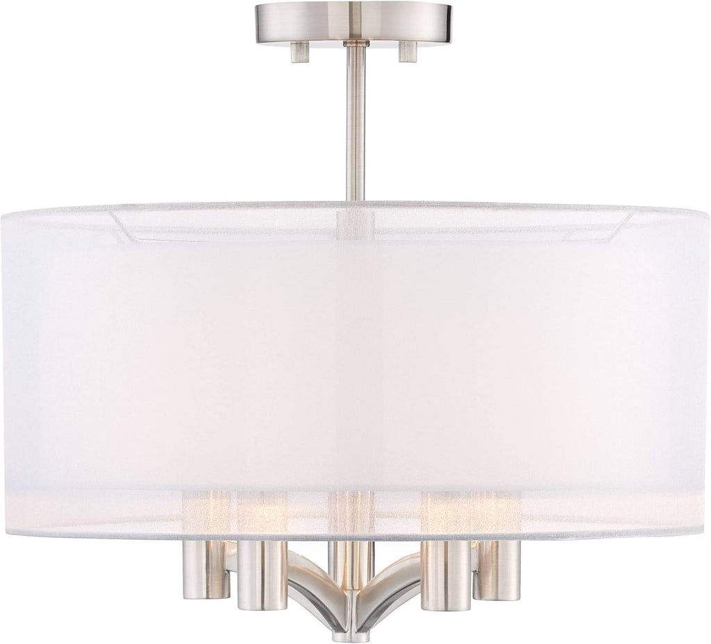 Semi Flush Mount Ceiling Light Brushed Nickel 18 Wide 5-Light White Linen Double Drum Shade S184