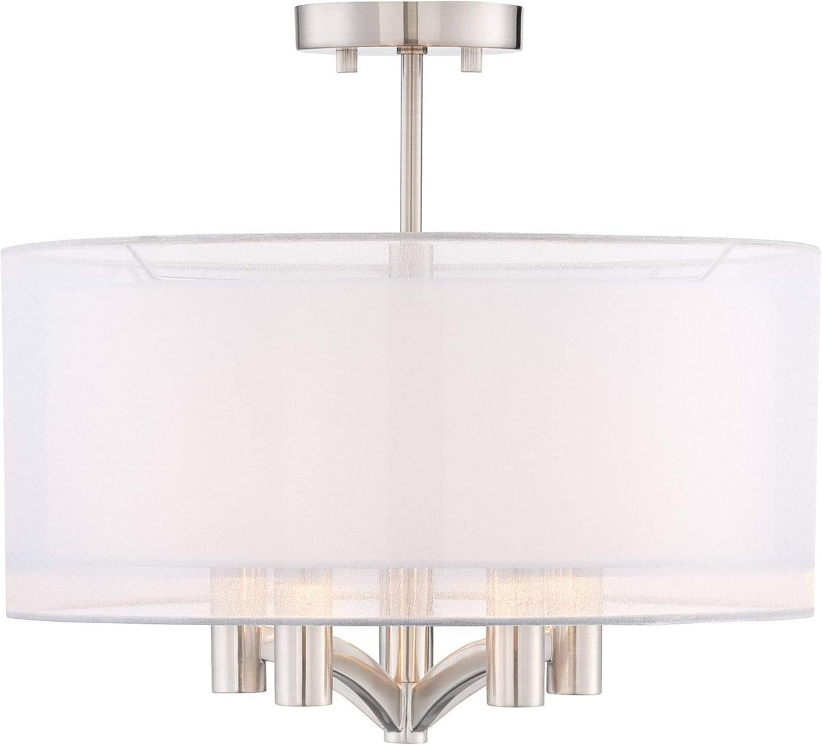 Semi Flush Mount Ceiling Light Brushed Nickel 18 Wide 5-Light White Linen Double Drum Shade S184