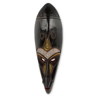 Copper Accented Wood Mask Wall Decor A37632