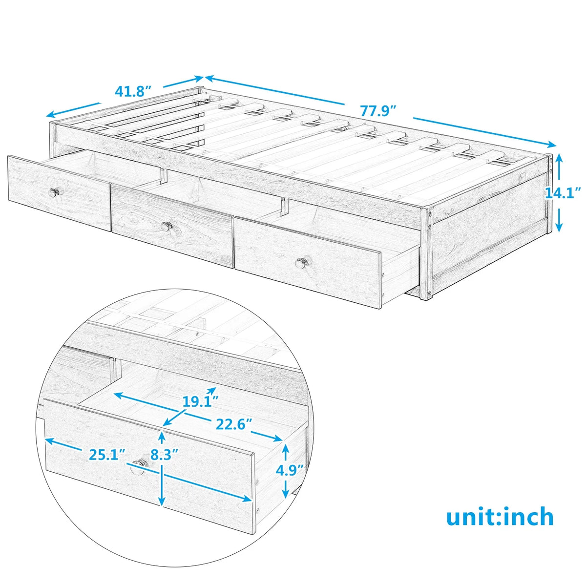 Cherry Twin Size Platform Storage Bed with 3-Drawers Z4582