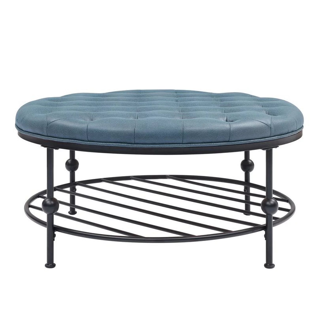 36" Round Faux Leather Tufted Cocktail Ottoman in Blue X905739