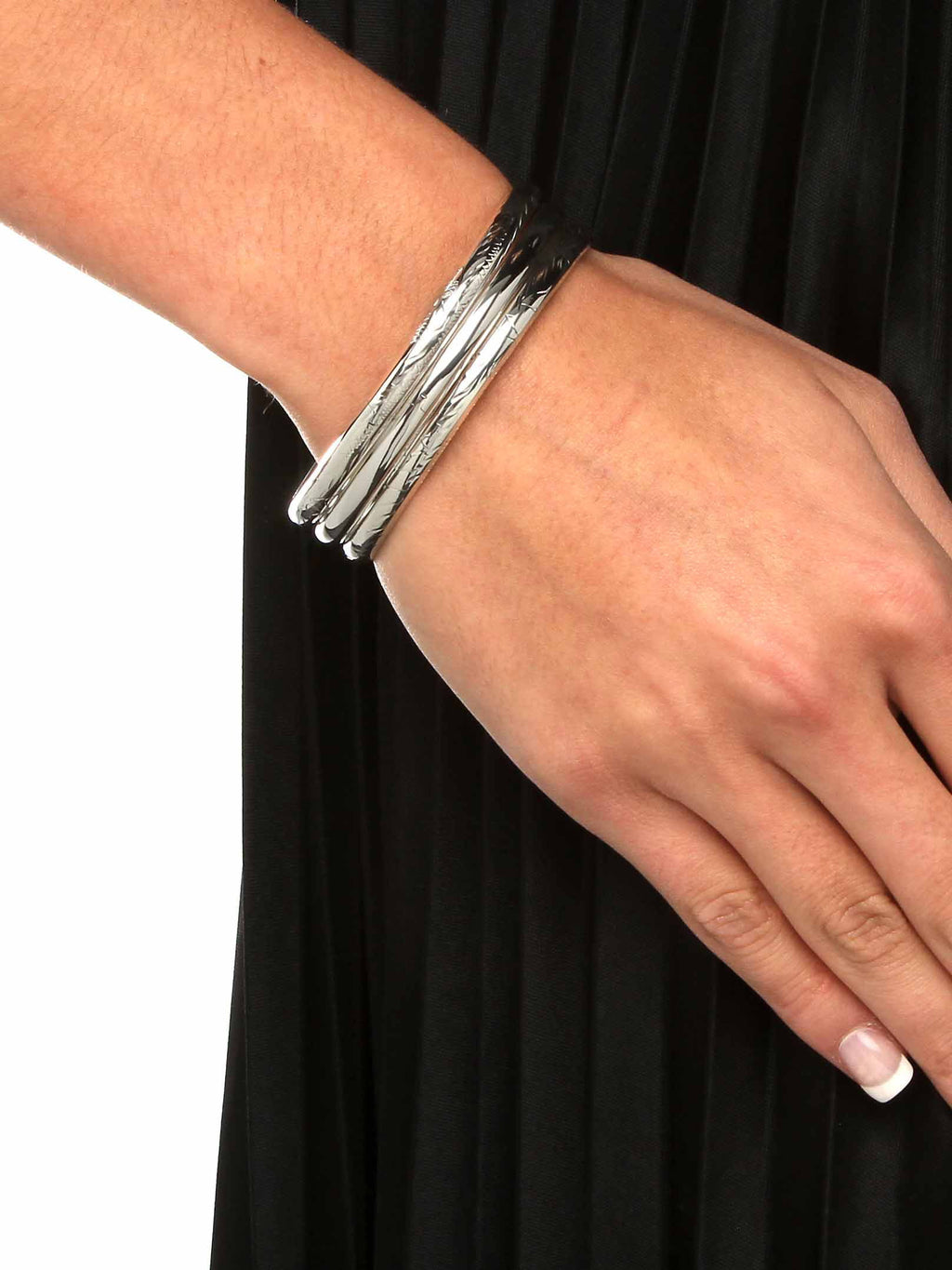 Polished Engraved Floral Three-Piece Bangle Set in Yellow Gold-Plated or Sterling Silver M2570