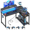 Black L Shaped Gaming Desk with Power Outlet, Height Adjustable Monitor Stand, LED Lights V47139