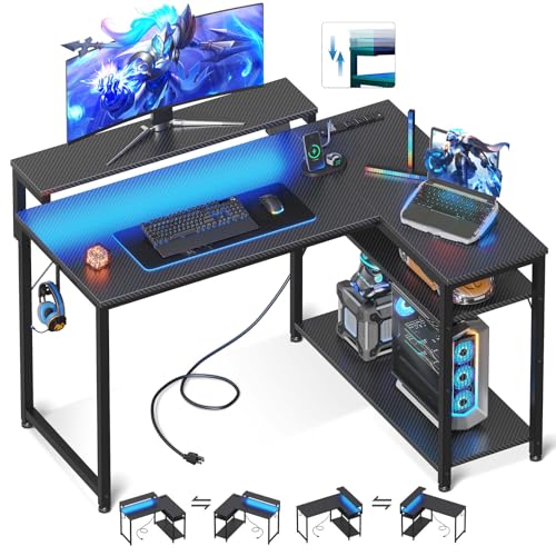Black L Shaped Gaming Desk with Power Outlet, Height Adjustable Monitor Stand, LED Lights V47139