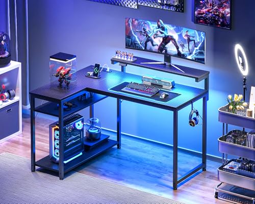 Black L Shaped Gaming Desk with Power Outlet, Height Adjustable Monitor Stand, LED Lights V47139