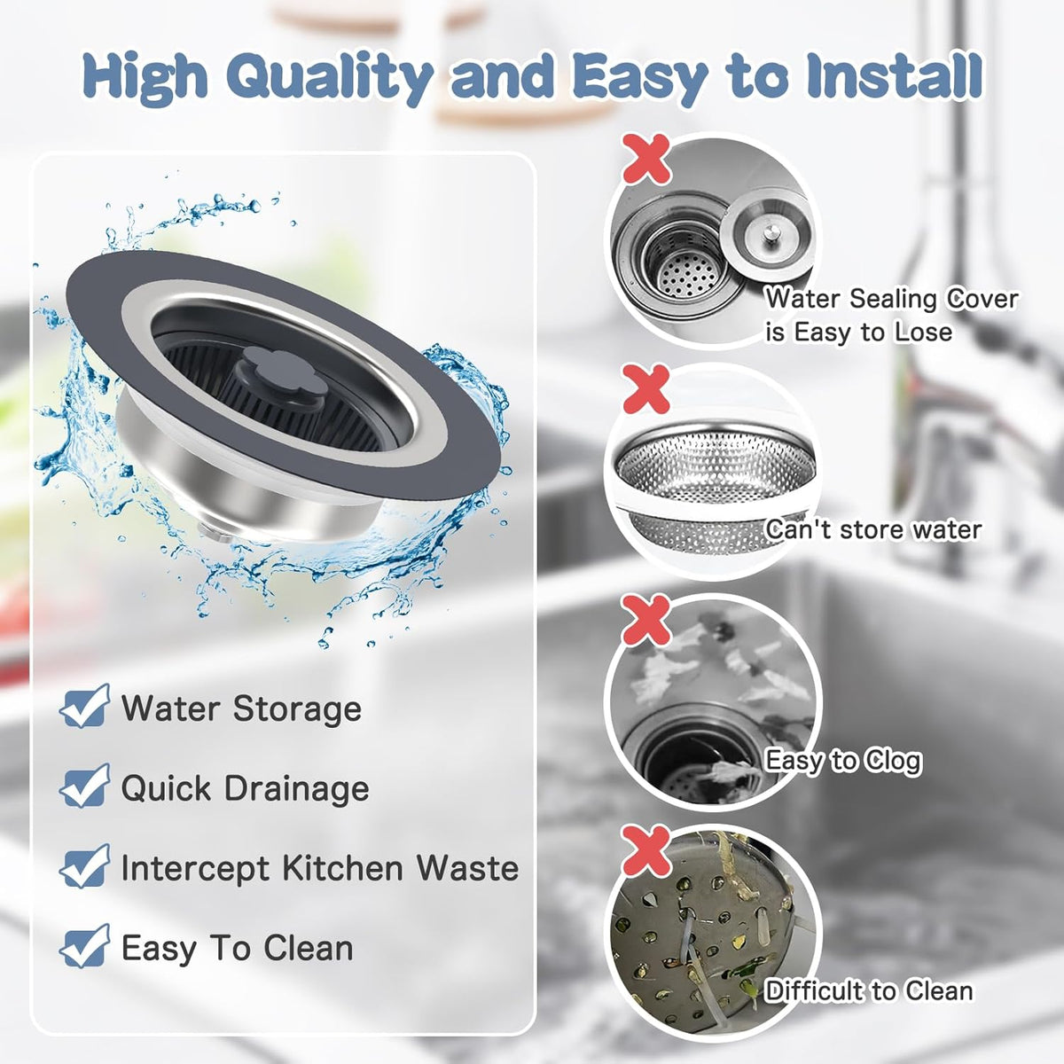 3 in 1 304 Stainless Steel Kitchen Sink Drain Strainer and Stopper Combo with 2 Filter Baskets I56277