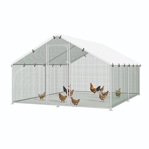 Large Metal Chicken Coop Run with Spire Roof Outdoor Poultry Cage with Waterproof UV-Resistant Cover (8.9’ W x 11.8’ L x 6.6’ H) H441