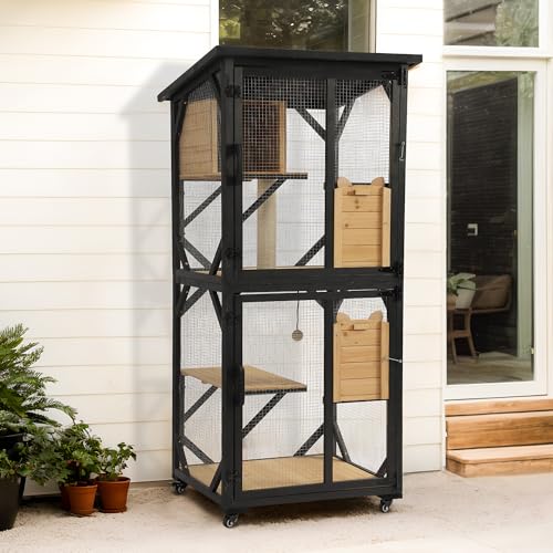 71" 4 Tiers Wooden Cat Enclosure with Wheels and Waterproof Roof (Black) I9114