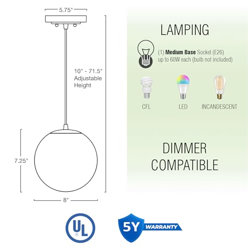 14" Mid-Century Modern Hanging Orb Pendant Light with Smooth Matte White Frosted Diffuser, Cool Brass Finish H5983