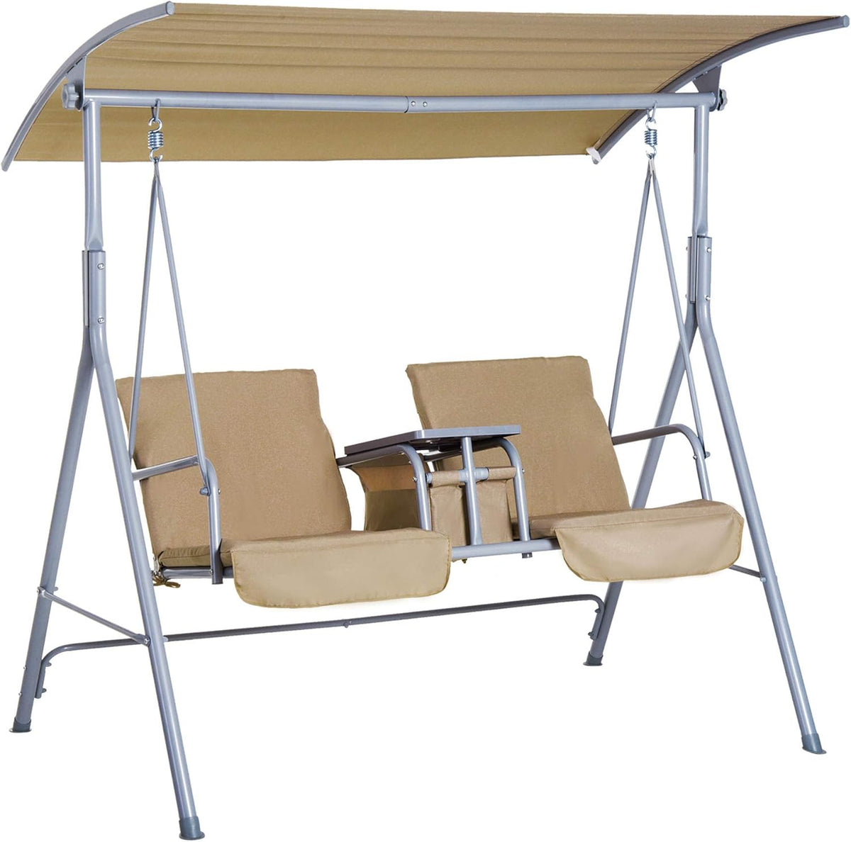 2 Person Covered Swing with Canopy, Table and Storage Console, Beige J545372