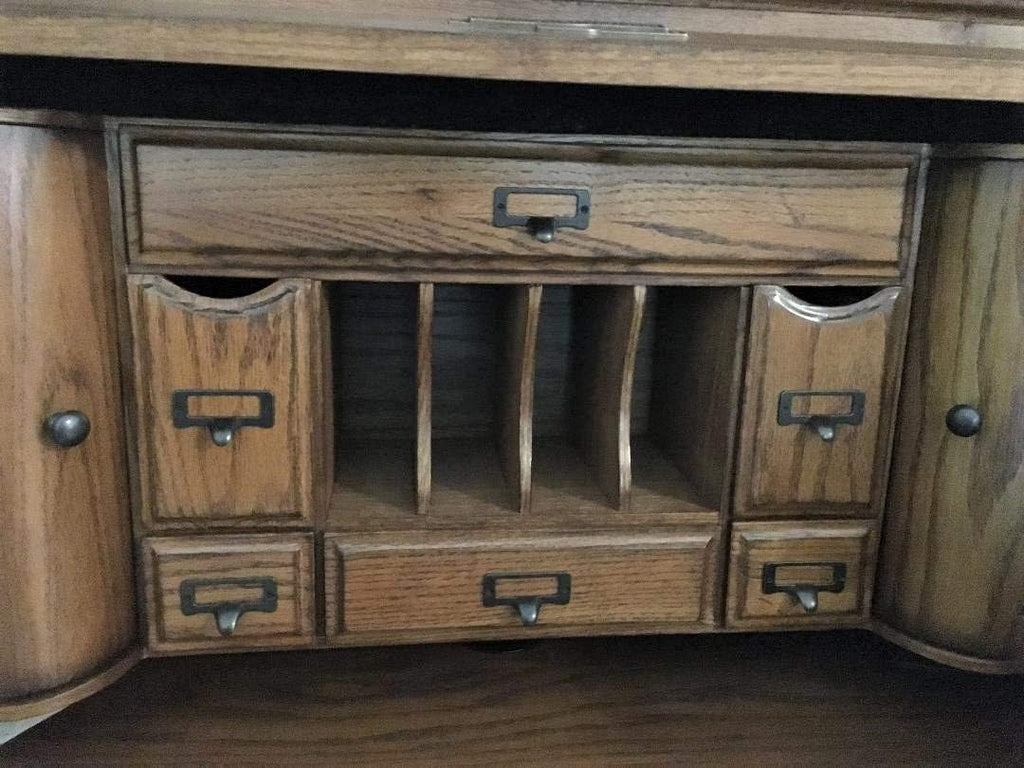 54 inch Solid Oak Wood Roll Top Desk with Locking File Drawers A149