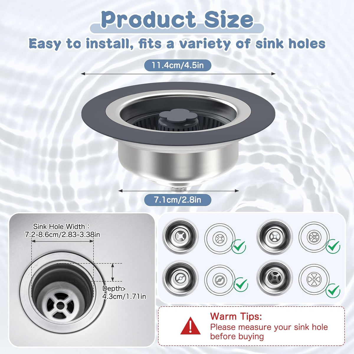3 in 1 304 Stainless Steel Kitchen Sink Drain Strainer and Stopper Combo with 2 Filter Baskets I56277